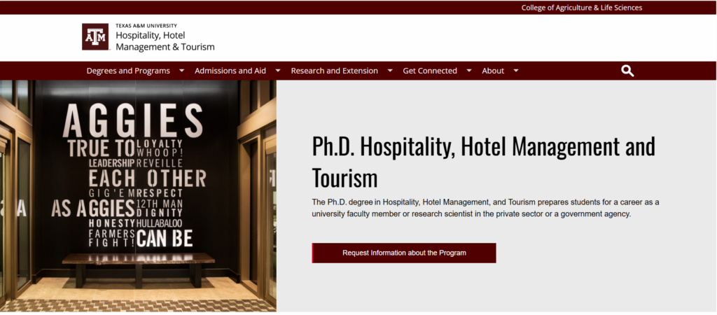 Screenshot of the Ph.D. Hospitality, Hotel Management and Tourism course page