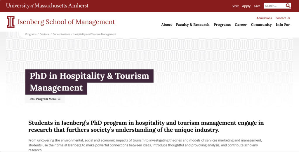 The PhD in Hospitality &amp; Tourism Management course screenshot