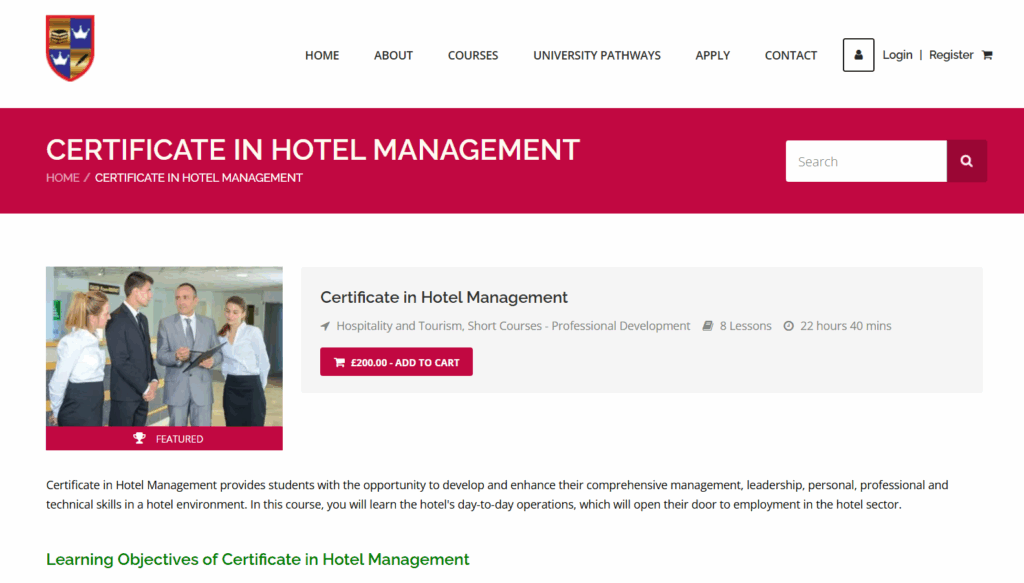 Overview of the Certificate in Hotel Management