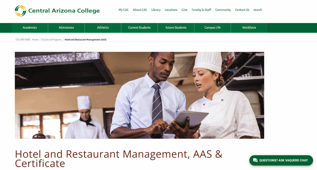 Landing page of the Hotel and Restaurant Management Certificate