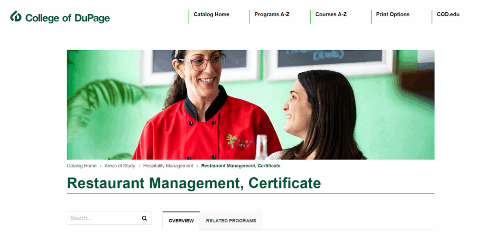 Landing page of the Restaurant Management Certificate
