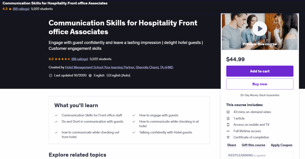 The Communication Skills for Hospitality Front Office Associates course landing page