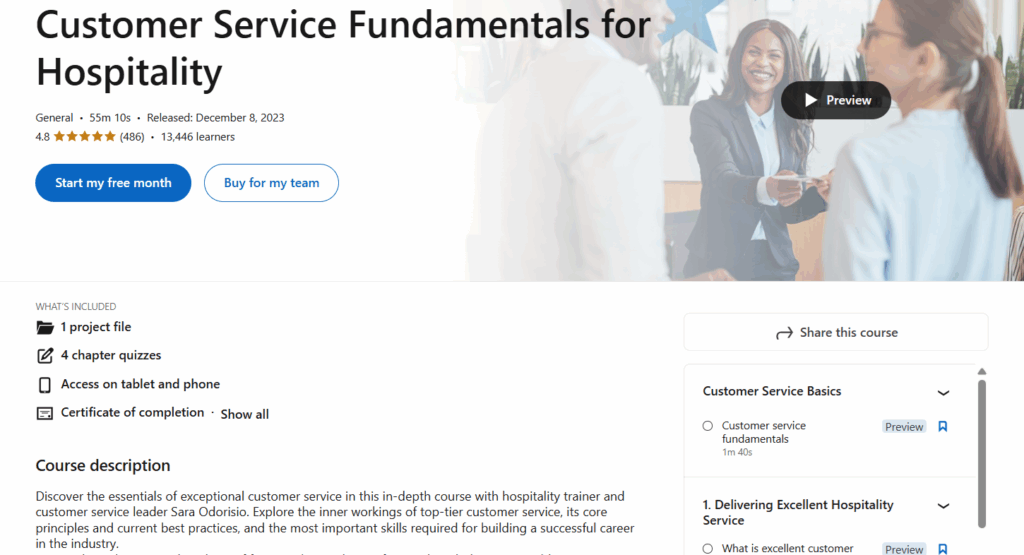 The Customer Service Fundamentals for Hospitality course landing page