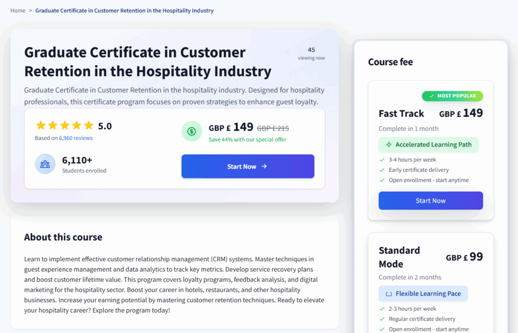 The Graduate Certificate in Customer Retention in the Hospitality Industry overview page