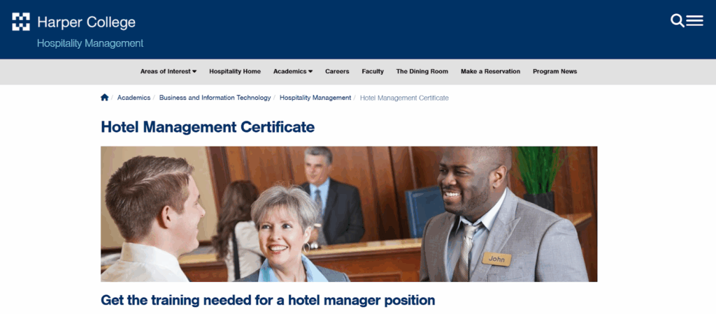 The Hotel Management Certificate landing page