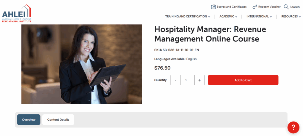 The landing page of the Hospitality Manager: Revenue Management Online Course