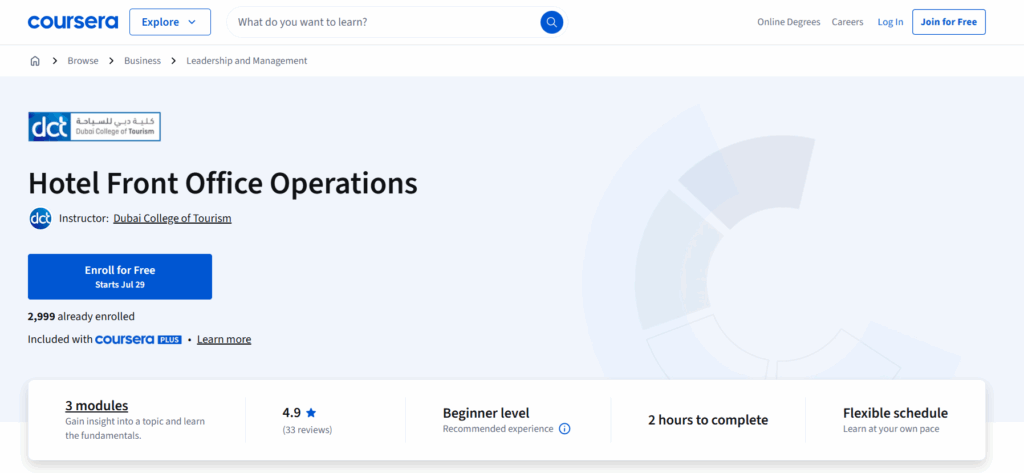 The Hotel Front Office Operations course landing page