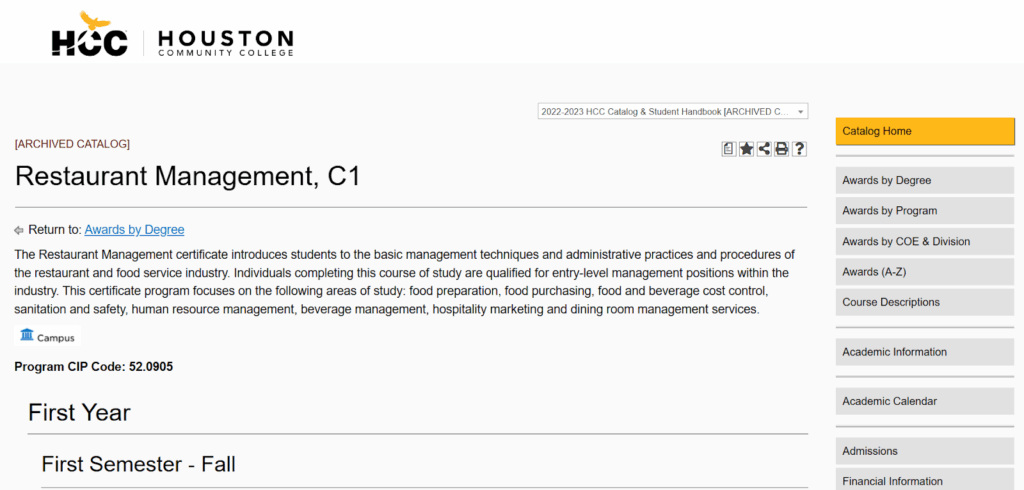 The Restaurant Management Certificate overview page