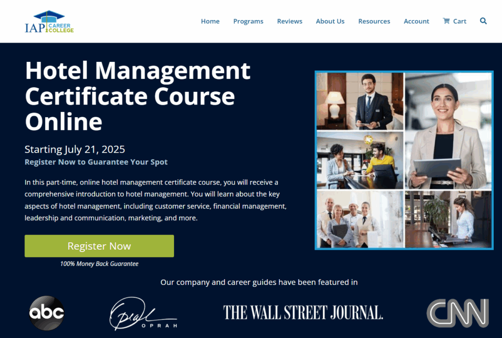 Registration page of the Hotel Management Certificate Course Online
