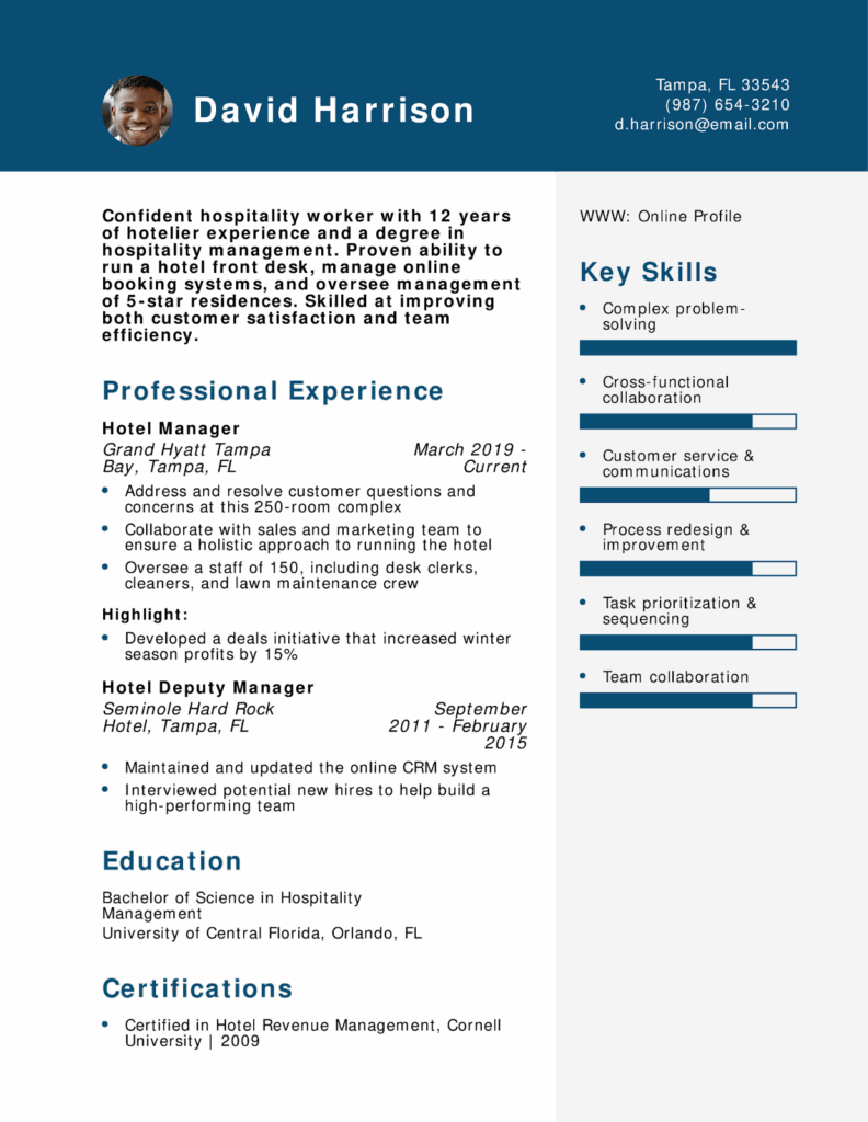 A hospitality resume sample by the Resume Builder