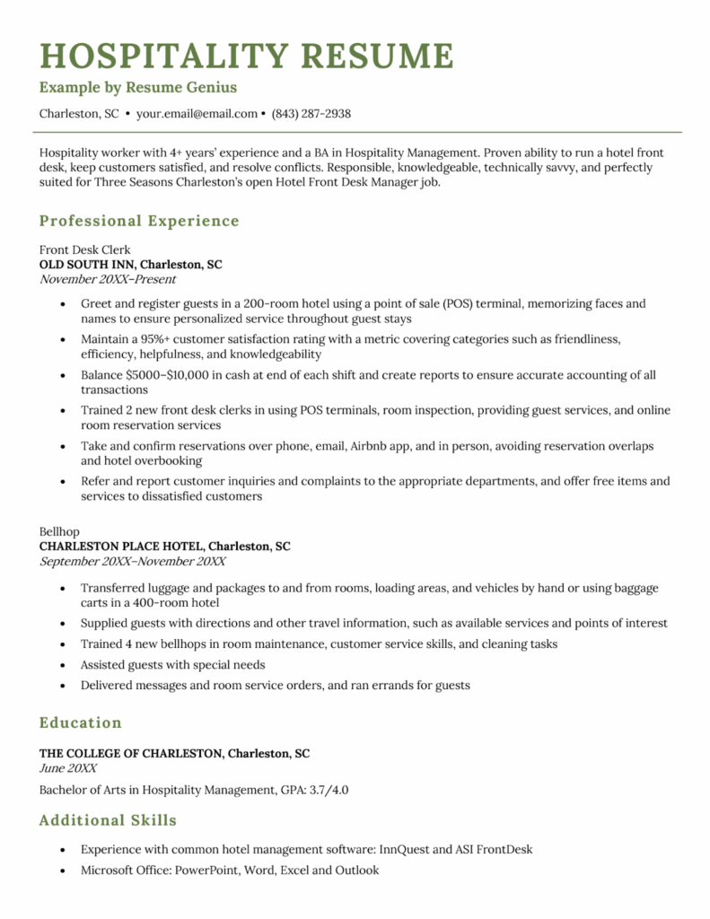 A sample hospitality resume by Resume Genius