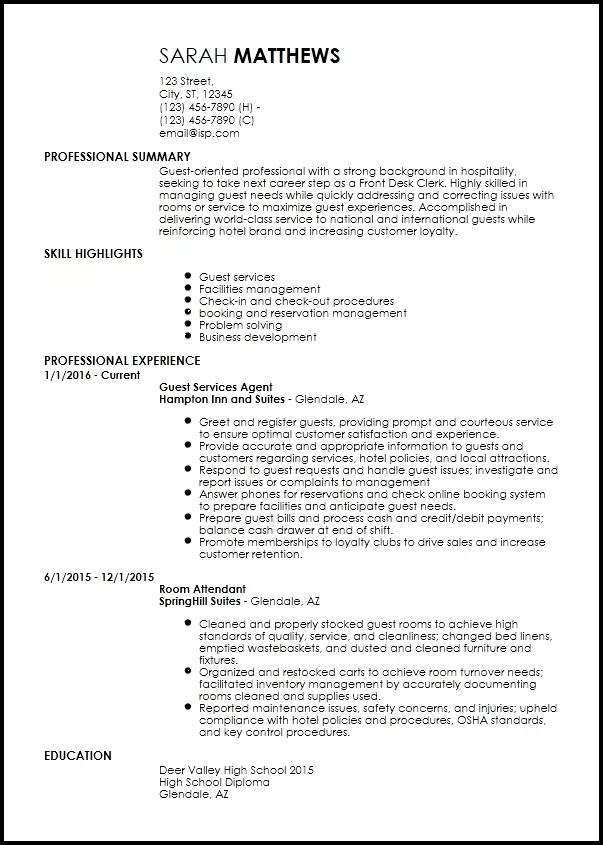 Resume Now's sample for entry-level hote; and hospitality positions