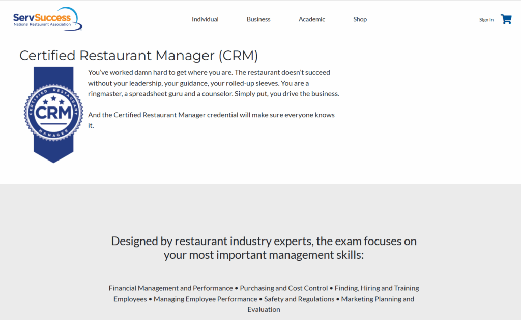 Landing page of the Certified Restaurant Manager (CRM)