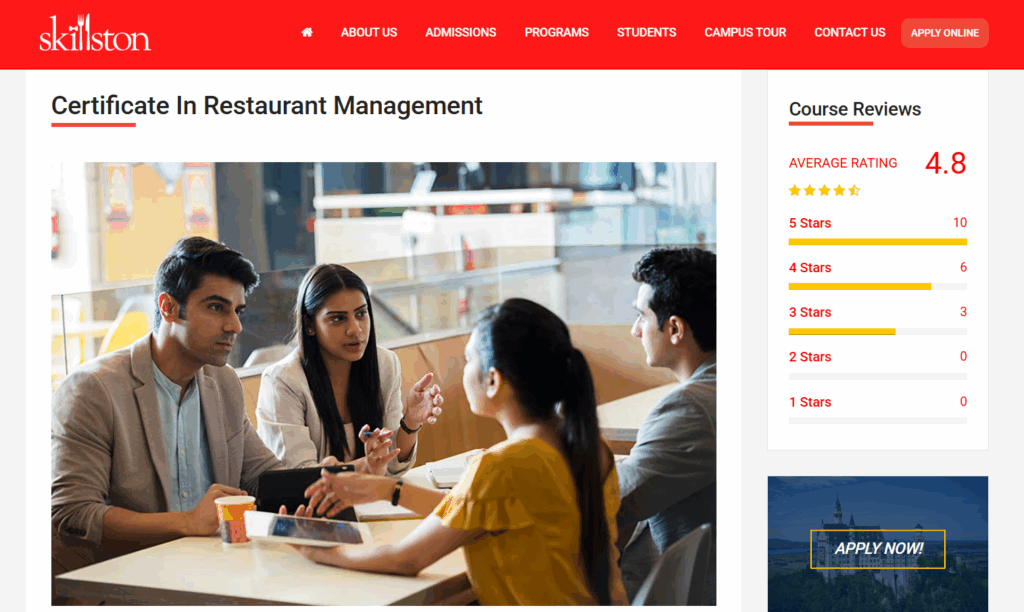 The landing page of the Certificate in Restaurant Management