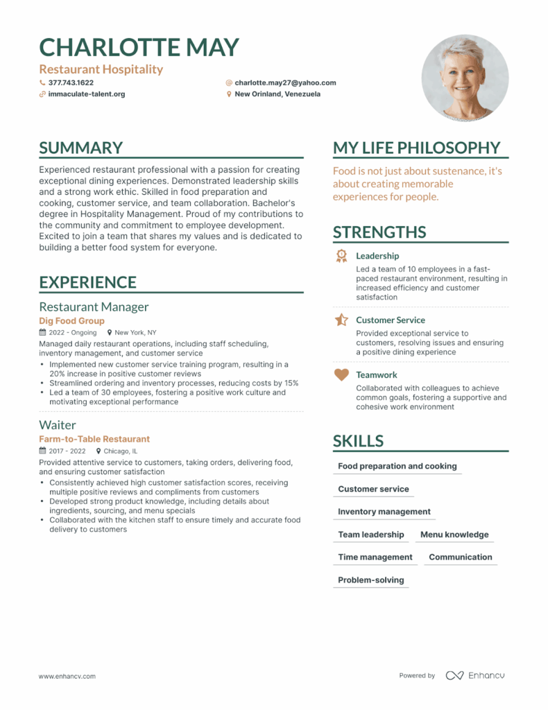 A restaurant hospitality resume sample by This Resume Does Not Exist