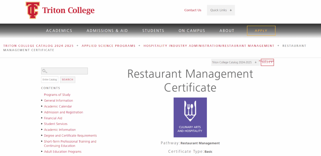 Landing page of the Restaurant Management Certificate