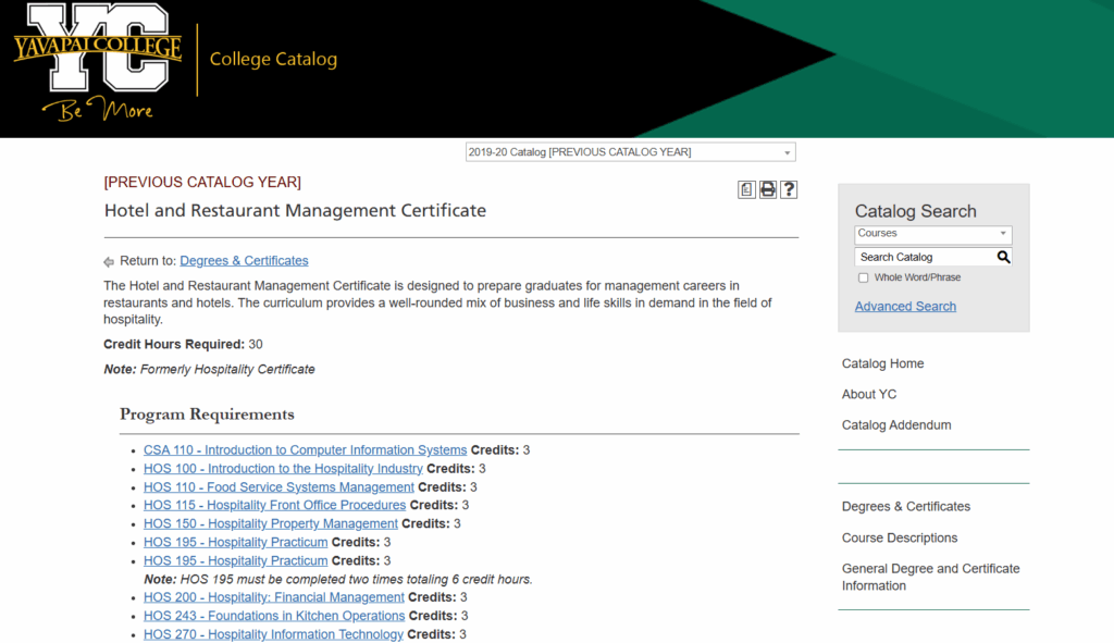Program overview and requirements of the Hotel and Restaurant Management Certificate