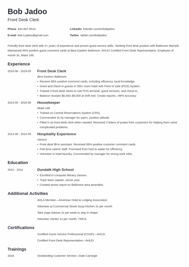 A hospitality resume sample by Zety