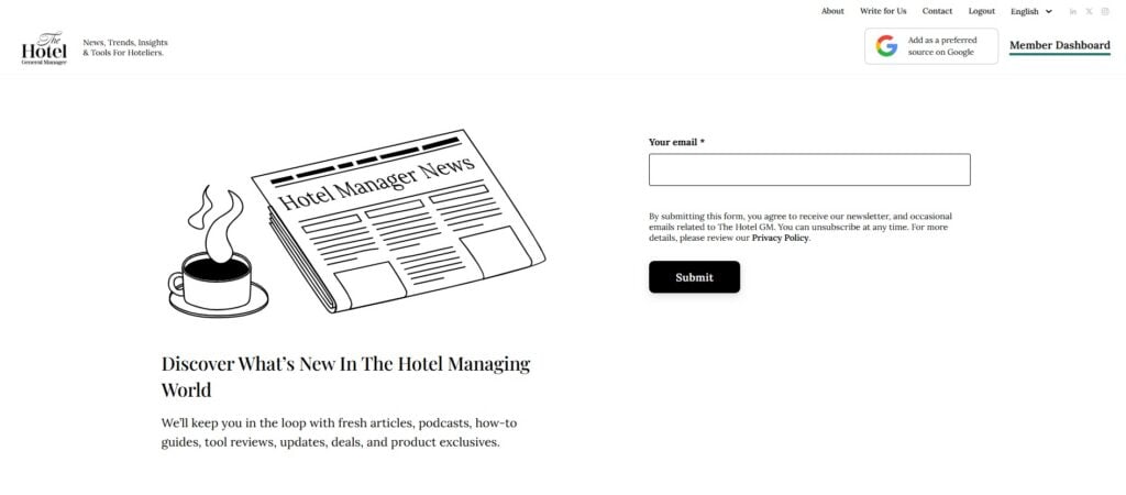 The sign up page for The Hotel GM's newsletter