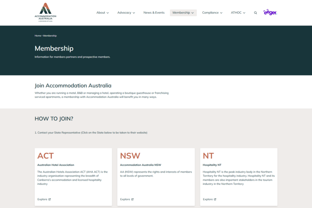 AHA-lidmaatschapspagina met Australische regionale verenigingen