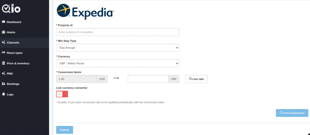 Expedia-kanaalconfiguratiescherm met accommodatie-ID, type minimumverblijf, valutaconversie