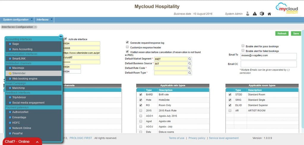 Mycloud Hospitality -järjestelmän määritysten hallintapaneeli