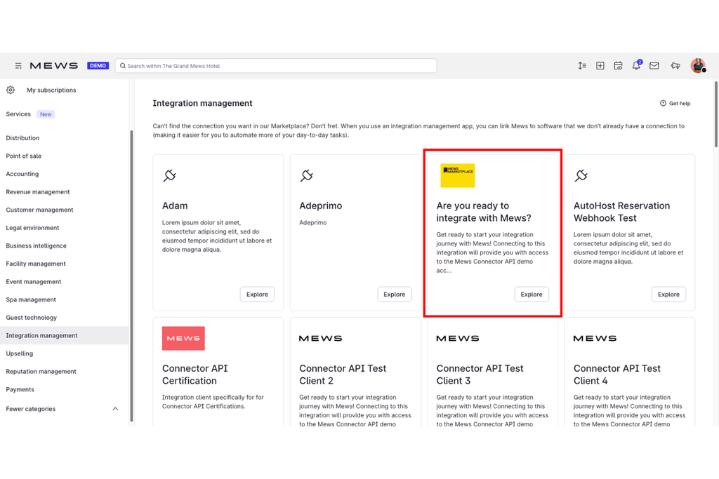 Screenshot of Mews' integration management dashboard