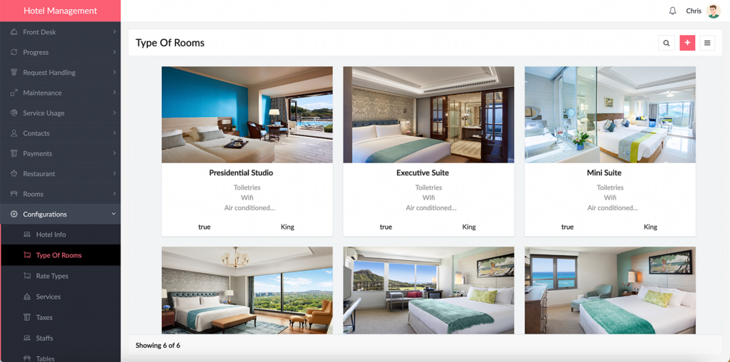 Zoho hotel management dashboard displaying room types