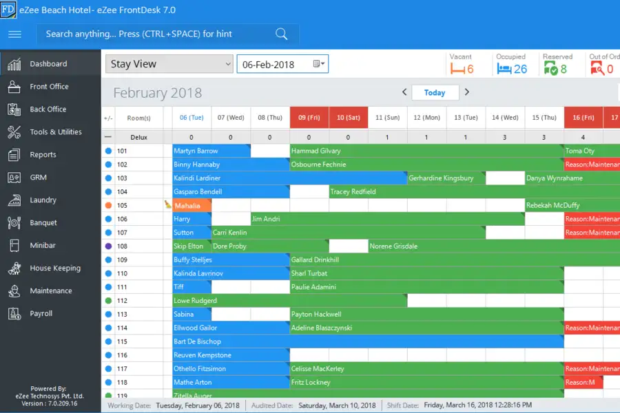 eZee FrontDesk hotel management software dashboard