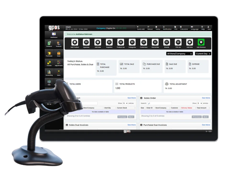 Dashboard van backoffice- en boekhoudsoftware met tools voor inkoop-, verkoop-, kosten-, factuur-, voorraad- en POS-beheer