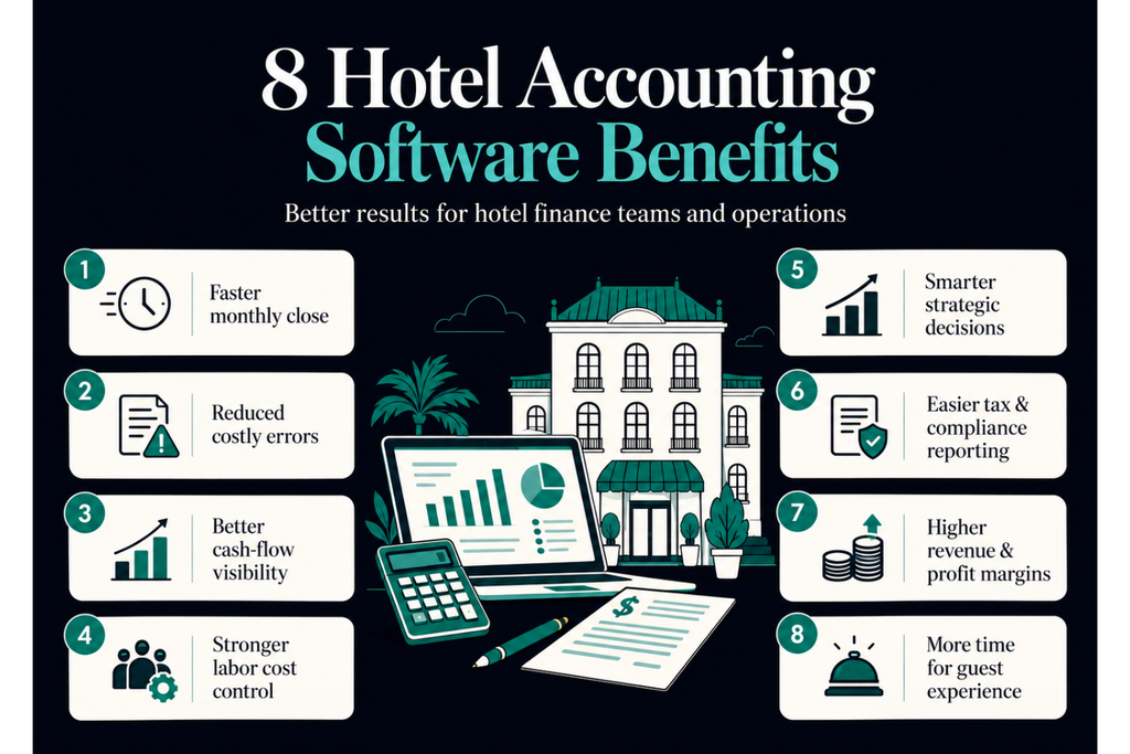 Infographic illustrating eight benefits of hotel accounting software, including faster monthly closing, fewer accounting errors, improved cash flow visibility, better labor cost control, smarter financial decisions, easier tax compliance, higher profit margins, and more time for guest experience.